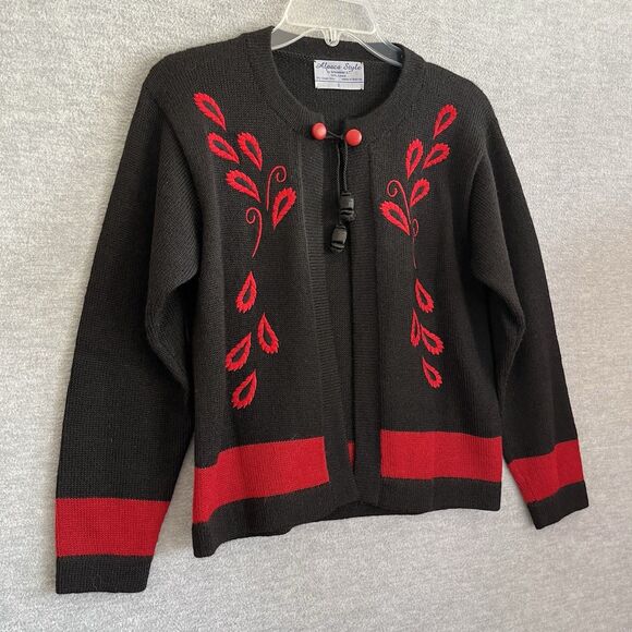 Bolivia Alpaca Wool Boho Open Cardigan Sweater Size S Black Red Artsy Embroidery - Picture 7 of 15